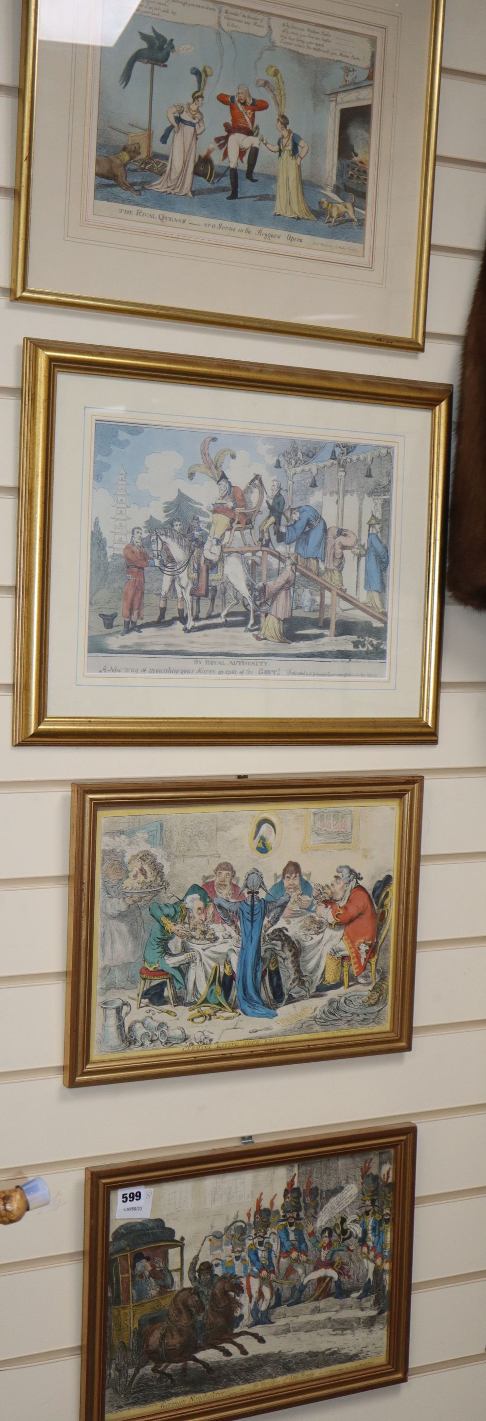 Bohn after Gilray, two colour engravings, Germans eating sour-krout and German Nonchalance and two later caricatures